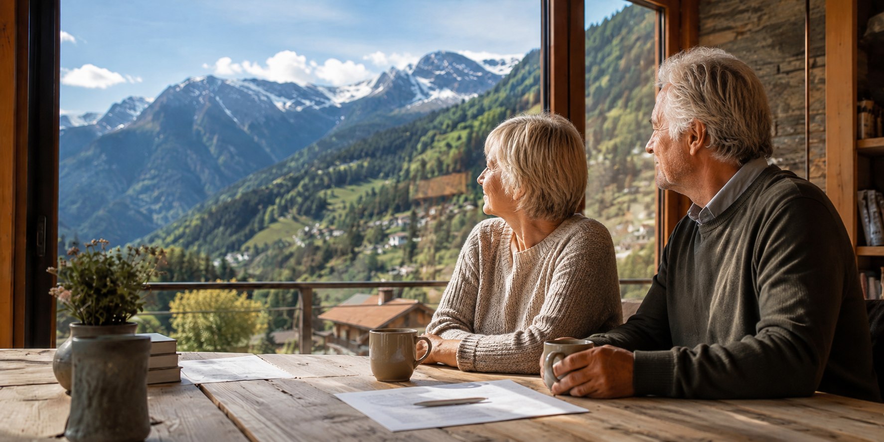 Coppia in pensione con vista sulle Alpi ticinesi, pianificazione previdenziale e terzo pilastro